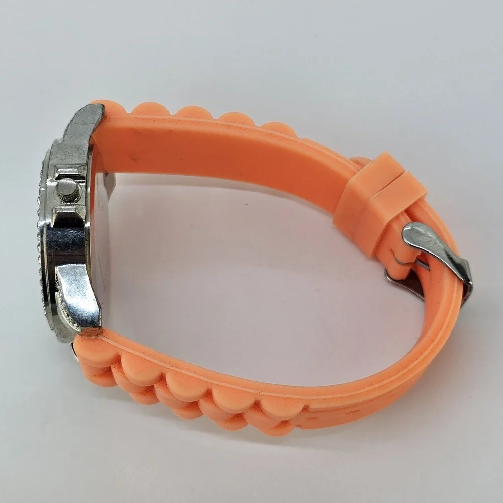 Women Analog Watch 41MM Gray Dial Crystal Bezel Orange Plastic Bands NEW Battery